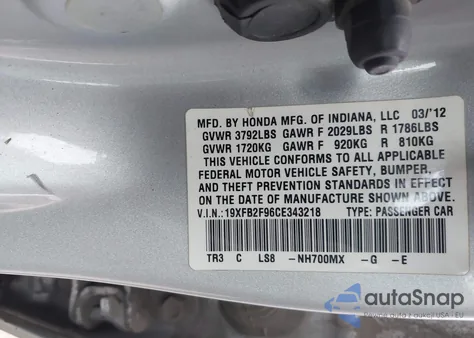 2012 Honda Civic Ex-L from USA, damaged, VIN 19XFB2F96CE343218